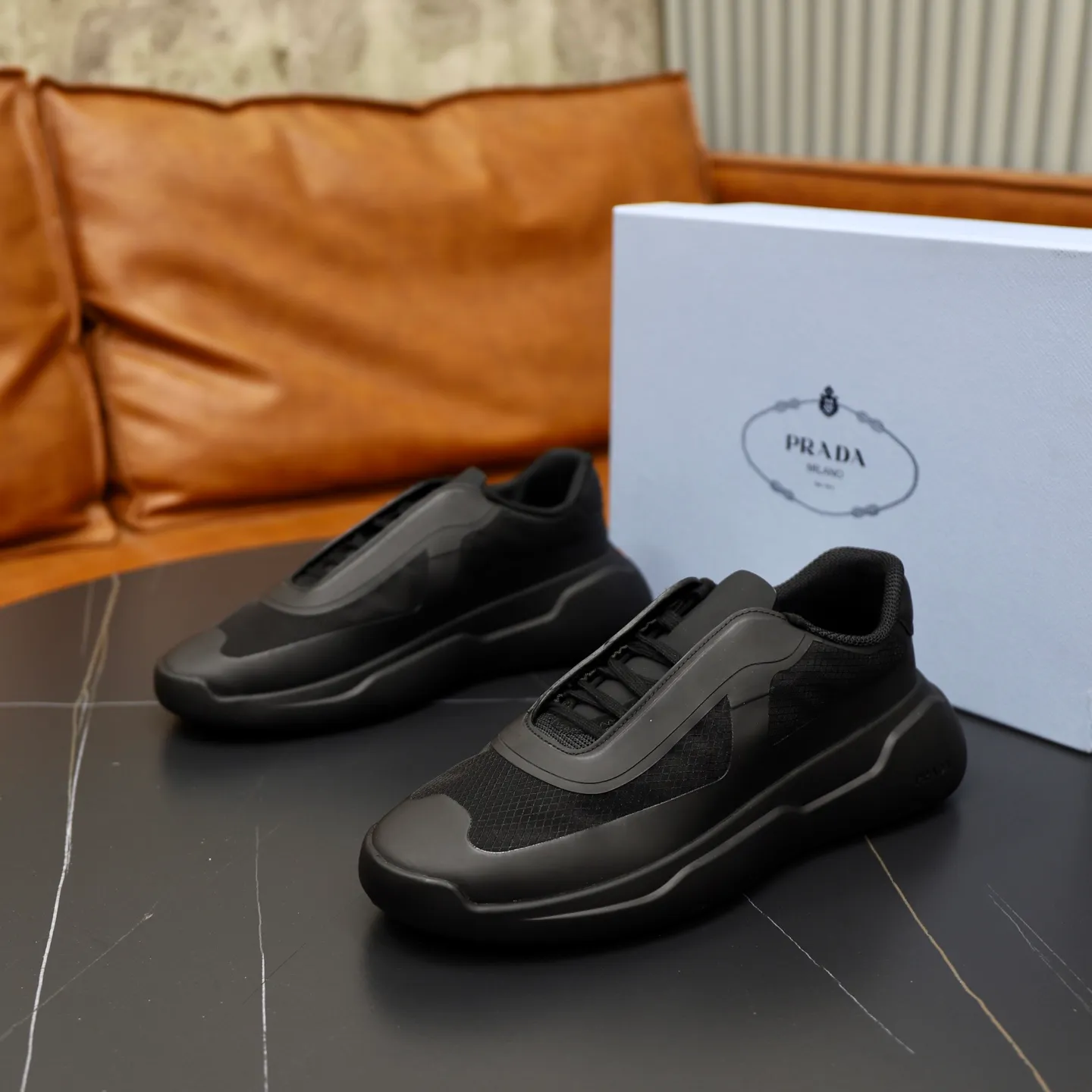 Men's Shoes 💰760💰 PRADA America's Cup Recycled Nylon and Bike Fabric Sneakers Practical and innovative, these regenerated nylon sneakers are modern, with lightweight soles and minimalist details. The upper is decorated with temperature-locking adhesive tape, screen-printed ADA logo, nylon loop shoelaces, T sole, made of ultra-light foam rubber filling material, rubber pattern texture, sole height: 40 mm, removable fabric-covered insole, Size 39-44